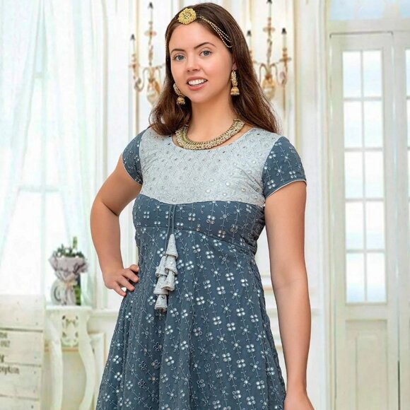 Grey Dress with Intricate Mirror Work | Muvvas Boutique - Picture 2 of 13